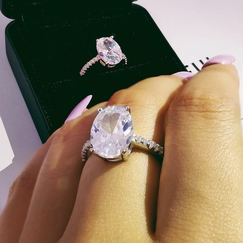 NEW Silver 5CT Oval Solitaire Diamond Engagement Ring - Picture 6 of 6